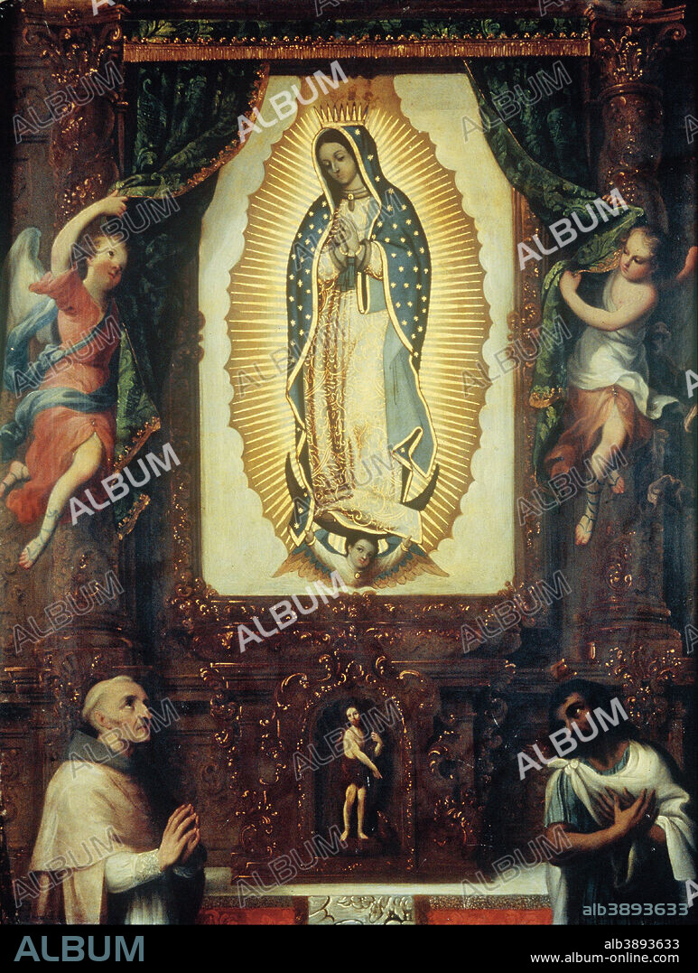MIGUEL CABRERA. Retablo de la virgen de Guadalupe con san Juan Bautista, fray Juan de Zumárraga y Juan Diego Altarpiece of the Virgin of Guadalupe with Saint John the Baptist, Fray Juan de Zumárraga and Juan Diego. Painting. Oil on copper Oil on copper. Height: 560 mm (22.04 in); Width: 440 mm (17.32 in).