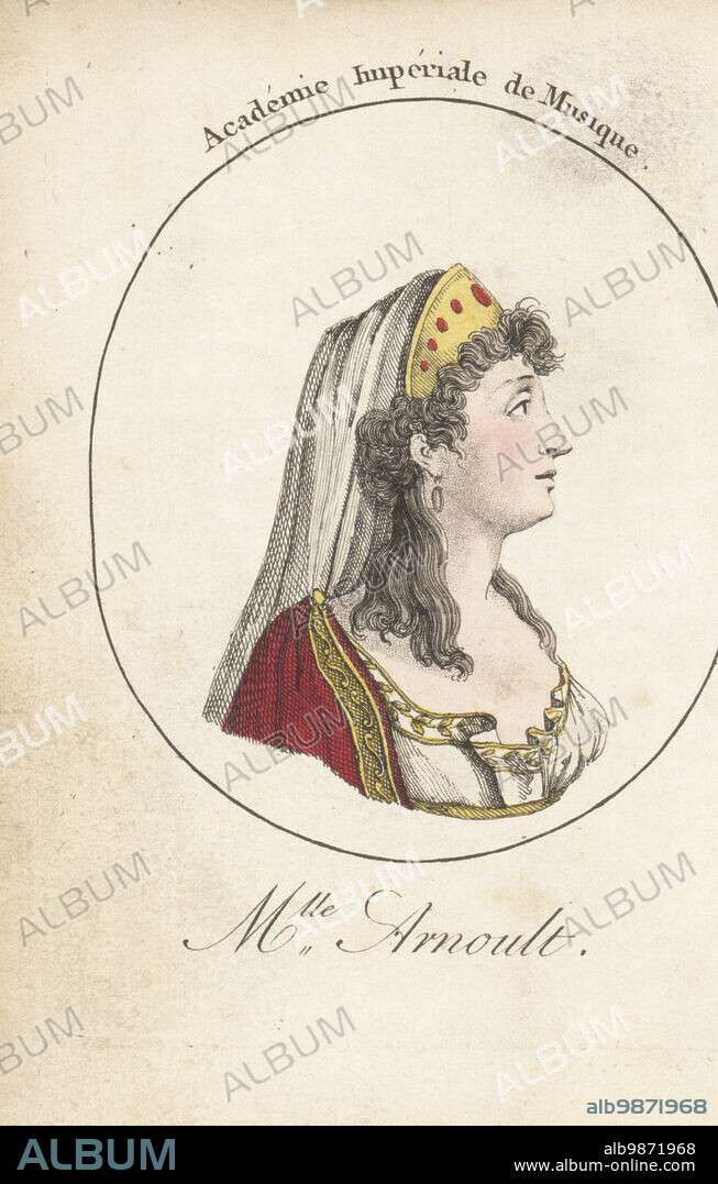 Madeleine-Sophie Arnould, French actress and operatic soprano singer, 1740-1802. Bisexual whose scandalous love affairs included Louis-Leon de Brancas, Paul Barras, Fanny Raucourt, Madame de Villeroy, and many others. Mlle Arnoult. Academie Imperiale de Musique. Handcoloured stipple engraving after Jacques Grasset Saint-Sauveur from Acteurs et Actrices Celebres, Famous Actors and Actresses, Chez Latour Libraire, Paris, 1808.