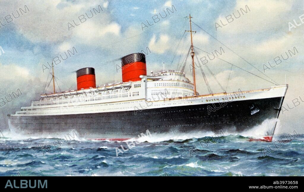 RMS 'Queen Elizabeth', Cunard ocean liner, 20th century. Built by John Brown & Co at Clydebank, the Queen Elizabeth was the world's largest ocean liner when she was launched in 1938. She served as a troopship during World War II before taking up her intended role on the transatlantic route, which she continued to carry passengers on until her retirement in 1968.
