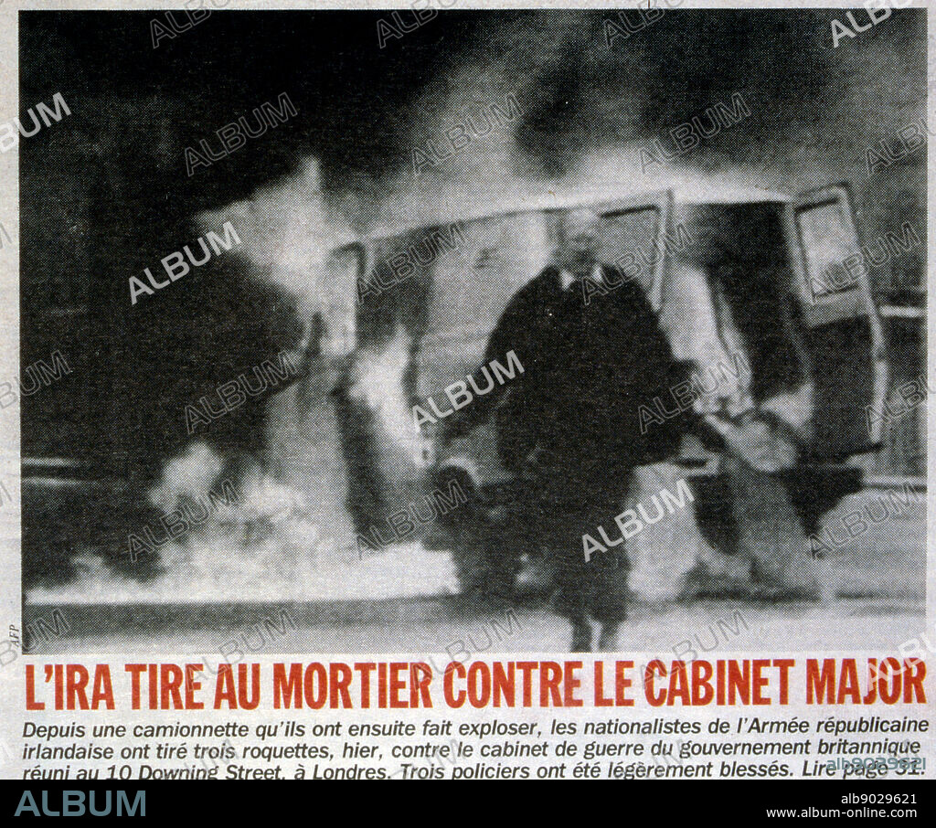 Front page of the French newspaper 'Liberation' 6th February 1991. The Downing Street mortar attack was carried out by the Provisional Irish Republican Army (IRA) on 7 February 1991. The IRA launched homemade mortar shells at 10 Downing Street, London, the official residence of the Prime Minister of the United Kingdom. It was an attempt to assassinate Prime Minister John Major and his War Cabinet, who were meeting to discuss the Gulf War. One of the heavy mortar shells exploded in the back garden of number 10, only yards from the cabinet office. Due to the bomb-proof windows, none of the cabinet were hurt, though four other people received minor injuries, including two police officers. The other two shells overshot Downing Street and landed on a green nearby.