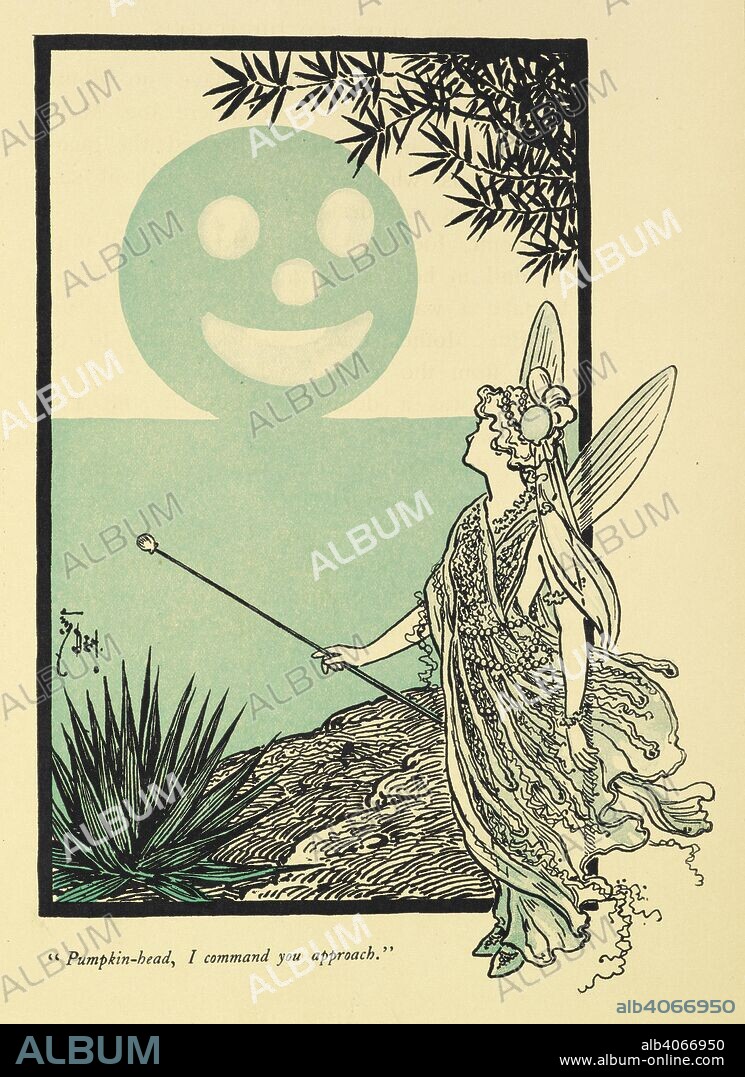 PERCY ALEXANDER LEASON and PAUL WEST. "Pumpkin-head, I command you approach." A silhouette of a pumpkin head in front of a fairy. The Pearl and the Pumpkin ... With pictures by Denslow. T. Fisher Unwin: London; New York [printed, 1904]. Source: 12809.o.48 opposite 218.
