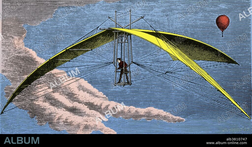 "On June 29, 1784, Vincent De Groof, the flying man, lost his life recently at London, England. He had ascended in a balloon, and his part of the performance was to fly down to the earth after the balloon attained a great altitude. The unfortunate inventor had constructed a pair of wings made of cane and silk, each 37 feet long by 4 feet wide, and also a tail 18 by 8 feet in dimensions. The wings were inserted into two hinged frames, which were attached to a wooden stand, upon which the aeronaut stood and manipulated them by means of levers. The theory was that, when started from any high altitude, the machine would reach the earth by a very gentle incline, passing over a great distance and eventually landing without concussion. At a first trial of the device, on being dropped from a balloon, the earth was reached in safety, but on the present repetition of the experiment, De Groof seemed to lose control of his wings, and the apparatus collapsed and fell, dashing the man to pieces on the street pavement below." (Scientific American, 1890).