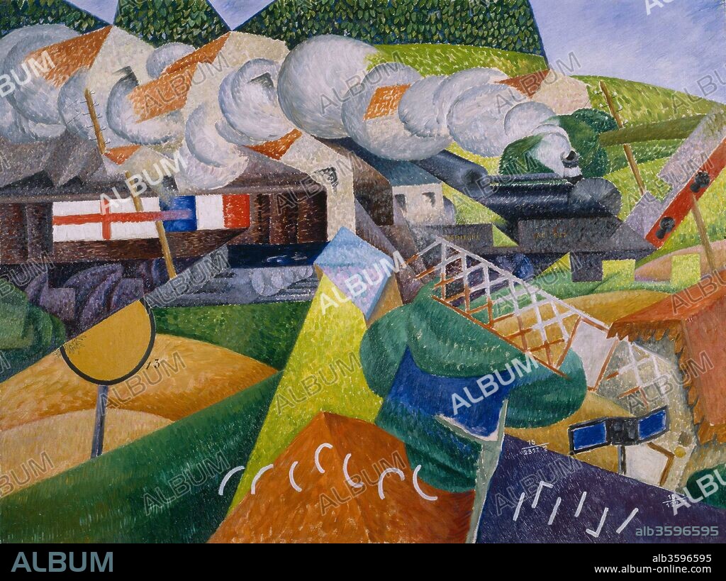 GINO SEVERINI. Red Cross Train Passing a Village.