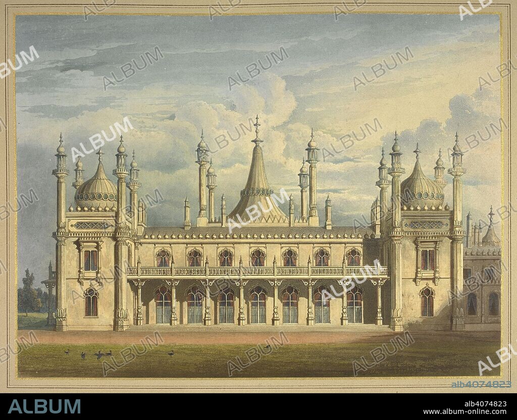 View of the Royal Pavilion at Brighton. The Royal Pavilion at Brighton. Published by the command of & dedicated by permission to the King by ... John Nash. London, 1827. Source: 557*.h.19, page 10.