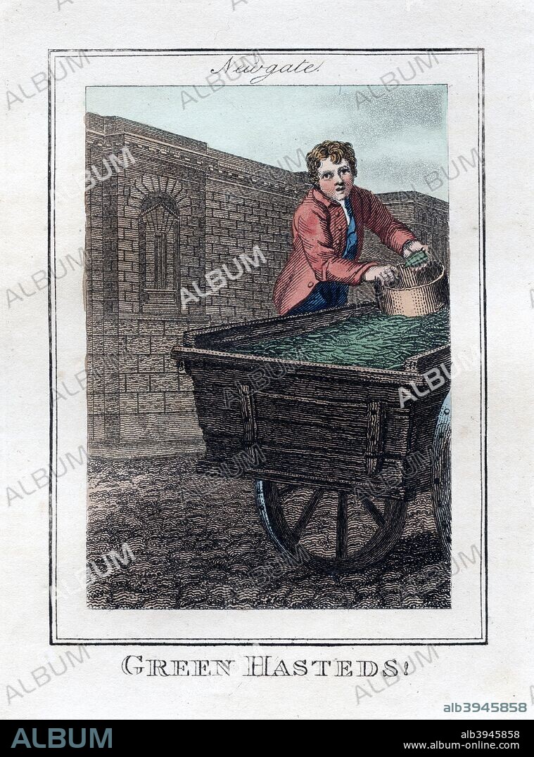 'Green Hasteds', Newgate, London, 1805. A copper plate representing the itinerant traders of London, from Modern London; Being the History and Present State of the British Metropolis, by Richard Phillips, London, 1805.
