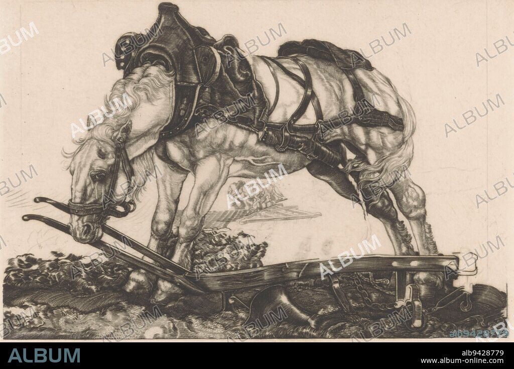 Resting plow horse, Pieter Dupont, 1902, A horse stands bent over a plow. Under the horse's belly, a view of a harrow and a plowing pair of horses., print maker: Pieter Dupont, Nogent-sur-Marne, 1902, paper, engraving, h 160 mm × w 240 mm.