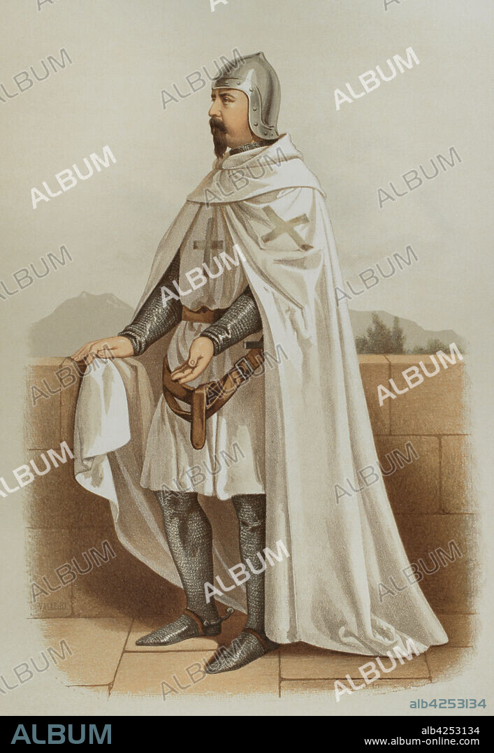 Caballero de la Orden de San Julián del Pereiro en traje de guerra. Fundada en Portugal en 1093 con el nombre de Orden de San Julián del Pereiro. Tras el traslado de su sede a la villa de Alcántara, los maestres se empezaron a titular Maestres de la Orden de Alcántara, dejando de utilizar su primera denominación. Cromolitografía. Historia de las Ordenes de Caballería y de las Condecoraciones Españolas. Madrid, 1865. España.