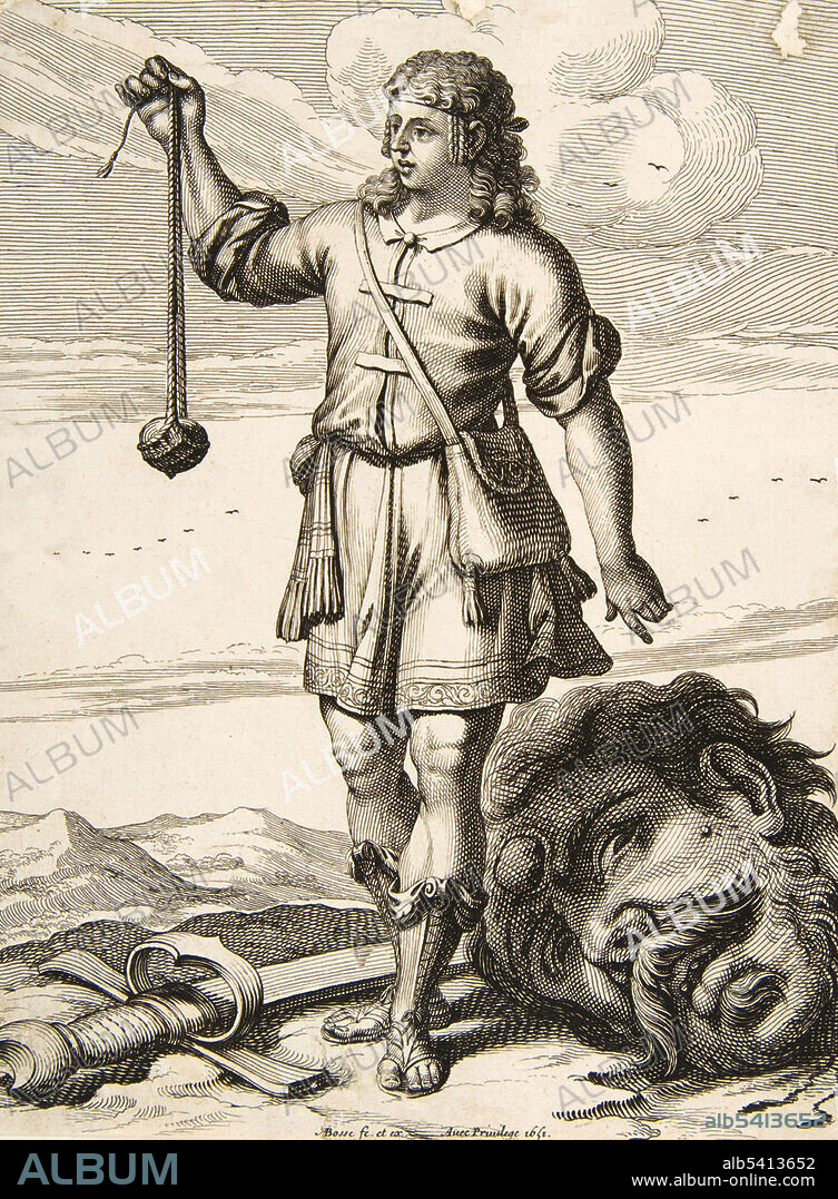 David with the Head of Goliath, an engraving by French artist Abraham Bosse (1602/04-1676) from 1651. The story where David defeats the giant Goliath appears in the biblical Book of Samuel.