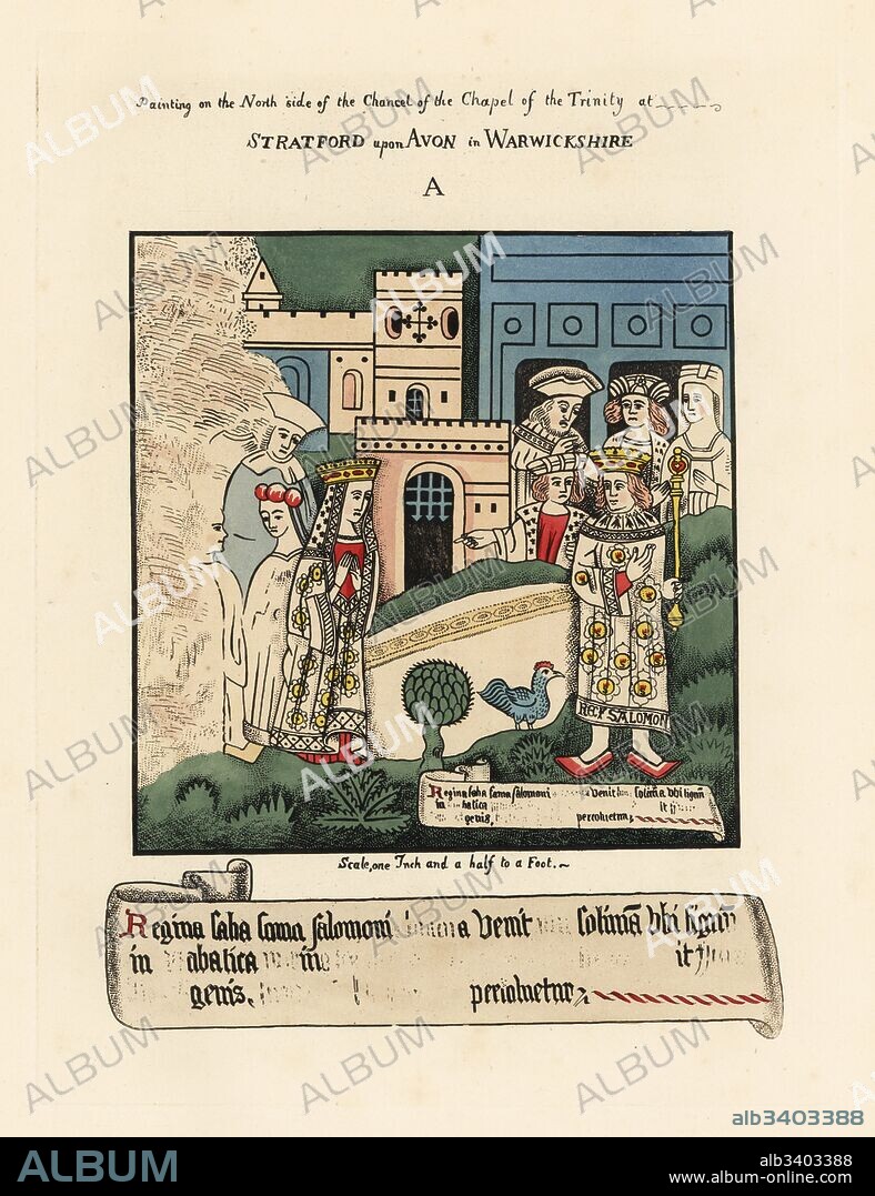 The Queen of Sheba visiting the court of King Solomon of Israel. Painting on the north side of the Chancel. Handcoloured etching drawn and etched by Thomas Fisher from his Paintings on the Walls of the Chapel of the Trinity, Stratford upon Avon, 1808.