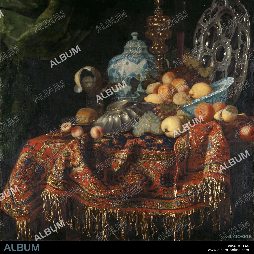 ANONYMOUS (REJECTED ATTRIBUTION) and FRANCESCO FIERAVINO (GENAAMD IL MALTESE) (ATTRIBUTED TO). Still Life with Fruit, Plates and Dishes on a Turkey Carpet. Dating: 1650 - 1680. Place: Northern Netherlands. Measurements: h 128.5 cm × w 136 cm × t 3.7 cm; d 9 cm.