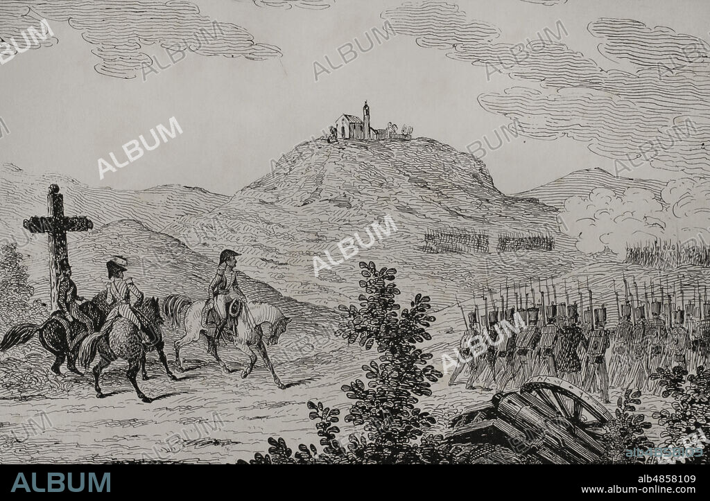 Guerra de la Independencia Española (1808-1814). "Batalla de San Marcial" (31 de agosto de 1813). El cuarto ejército español (de Galicia), bajo el mando del general Freire, hizo retroceder a las tropas del mariscal Soult, que había emprendido la ofensiva contra el ejército aliado hispano-luso-británico que dirigía Arthur Wellesley, futuro duque de Wellington. Ilustración por Francisco Pérez. Litografía por Julio Donón. Historia del Levantamiento, Guerra y Revolución de España, por el Conde de Toreno. Madrid,1851.