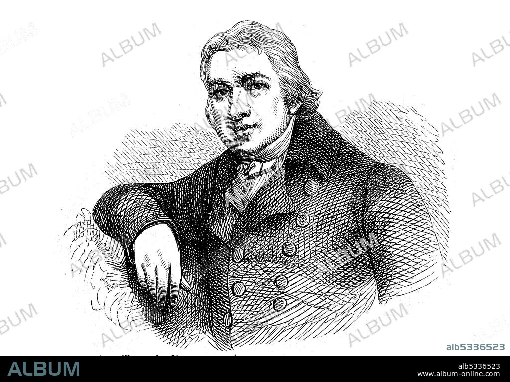 Edward Jenner, , 17 May 1749 - 26 January 1823, an English physician and scientist who pioneered the concept of vaccines including creating the smallpox vaccine  /  Edward Anthony Jenner, 17. Mai 1749 - 26. Januar 1823, ein englischer Landarzt, der die moderne Schutzimpfung gegen Pocken entwickelte, Historisch, historical, digital improved reproduction of an original from the 19th century / digitale Reproduktion einer Originalvorlage aus dem 19. Jahrhundert.