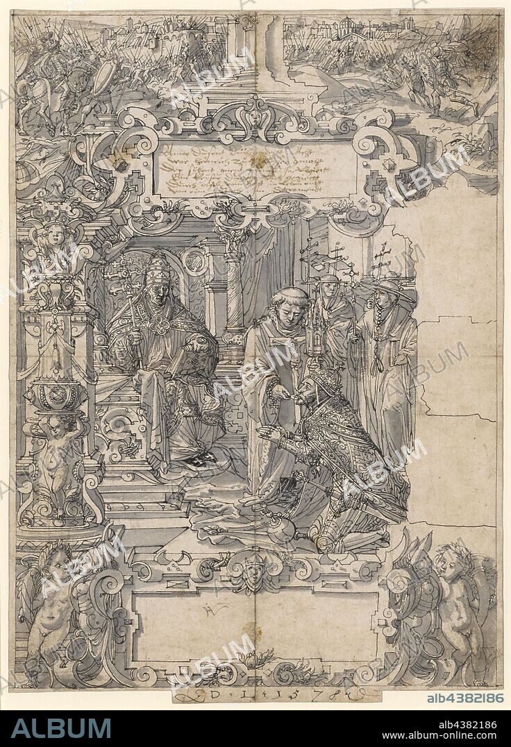 Slice tear with Emperor Henry VII, who receives the communion, in the upper picture battle scene, 1578, pen in black, gray washed, trimmed at the bottom, sheet: 42 42.8 x 30.7 cm |, Image: 41.6 x 29.9 cm, O. inscribed in the cartouche with feather in brown: Anno Dusend drauerundertt Eight, was Henry to the Keyser power, The sybent gnent five jar Rigiertt, A keyser dugent rich verziert, By gifft of Bapst sin life ends /, From a Monk in the Sacrament ., u, ., Monogrammed and dated in black with pen: D. L. 1578, Daniel Lindtmayer d. J., Schaffhausen 1552–1603 Stans.