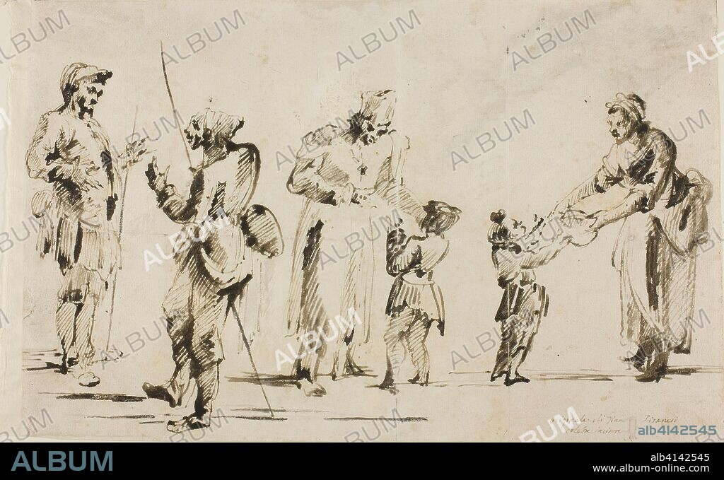 Sheet of Sketches: Six Figures. Giovanni Battista Piranesi; Italian, 1720-1778. Date: 1758-1778. Dimensions: 231 x 365 mm. Pen and black and gray ink on ivory laid paper. Origin: Italy.