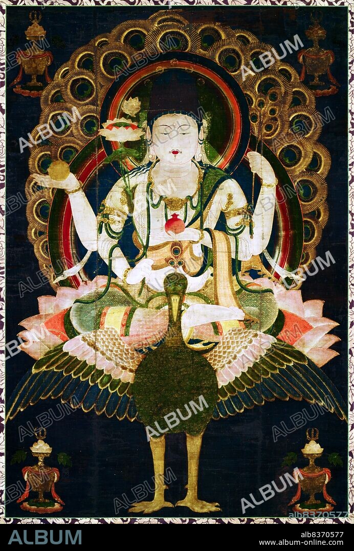 Mahamayuri (Chinese: Kongque Mingwang, Japanese: Kujaku Myoo), is one of the Wisdom Kings in the Buddhist Pantheon. Mahamayuri is a peaceful personification, in contrast to the wrathful attitudes of male personifications of the Wisdom Kings. Mahamayuri had the power to protect devotees from poisoning, either physical or spiritual.<br/><br/> . In Vajrayana Buddhism, a Wisdom King (Sanskrit Vidyaraja, Chinese: Mingwang; Japanese pronunciation: Myoo) is the third type of deity after Buddhas and Bodhisattvas.