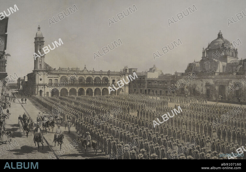 AUGUSTE DARIÈS (ACTIVE 1862-1880S). Juan Prim y Prats (1814-1870). Spanish military and ruler. Spain, France and England formed an alliance in October 1861 to protest against Mexico's economic policies and demand payment of the debt. As a measure of pressure on the Mexican government, they deployed a military expedition under the command of General Prim, which arrived in Veracruz in January 1862. General Prim's expedition to Mexico-Vera Cruz. Vera-Cruz. General Prim's entrance in January 1862, Plaza de la Constitución. Auguste Daries (General Staff, lithographer), J.S.P. Lemercier (printer), Paris. Paper and lithographic ink, c. 1864.