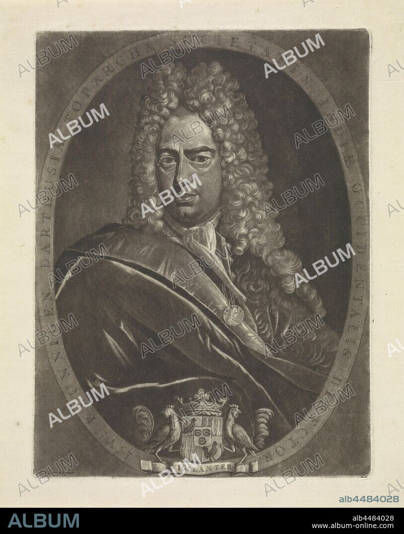 Portrait of Jan van Beuningen, Portrait of the writer, merchant and banker Jan van Beuningen. He was also governor of Curaçao. He wears a wig and around the neck a chain with a medallion. In the frame are titles and his weapon., Wedge, armorial bearing, heraldry, Jan van Beuningen, West India Company, Michiel Elgersma (mentioned on object), Amsterdam, 1714 - 1759, paper, engraving, h 250 mm × w 188 mm.