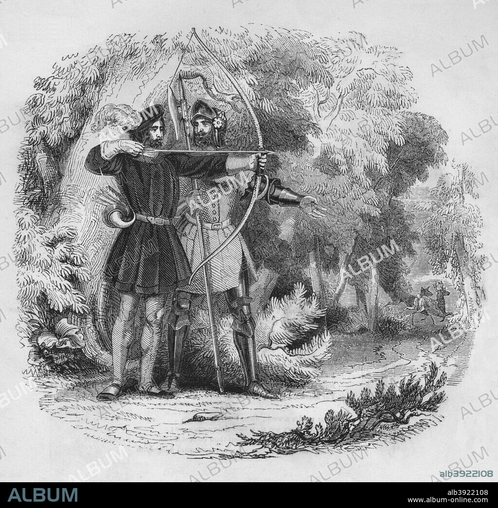 'Robin Hood and Little John', 1845. Robin Hood is a heroic outlaw in English folklore who, according to legend, was a highly skilled archer and swordsman. From Old England: A Pictorial Museum of Regal, Ecclesiastical, Baronial, Municipal, and Popular Antiquities, Volume I. [Charles Knight and Co., London, 1845].