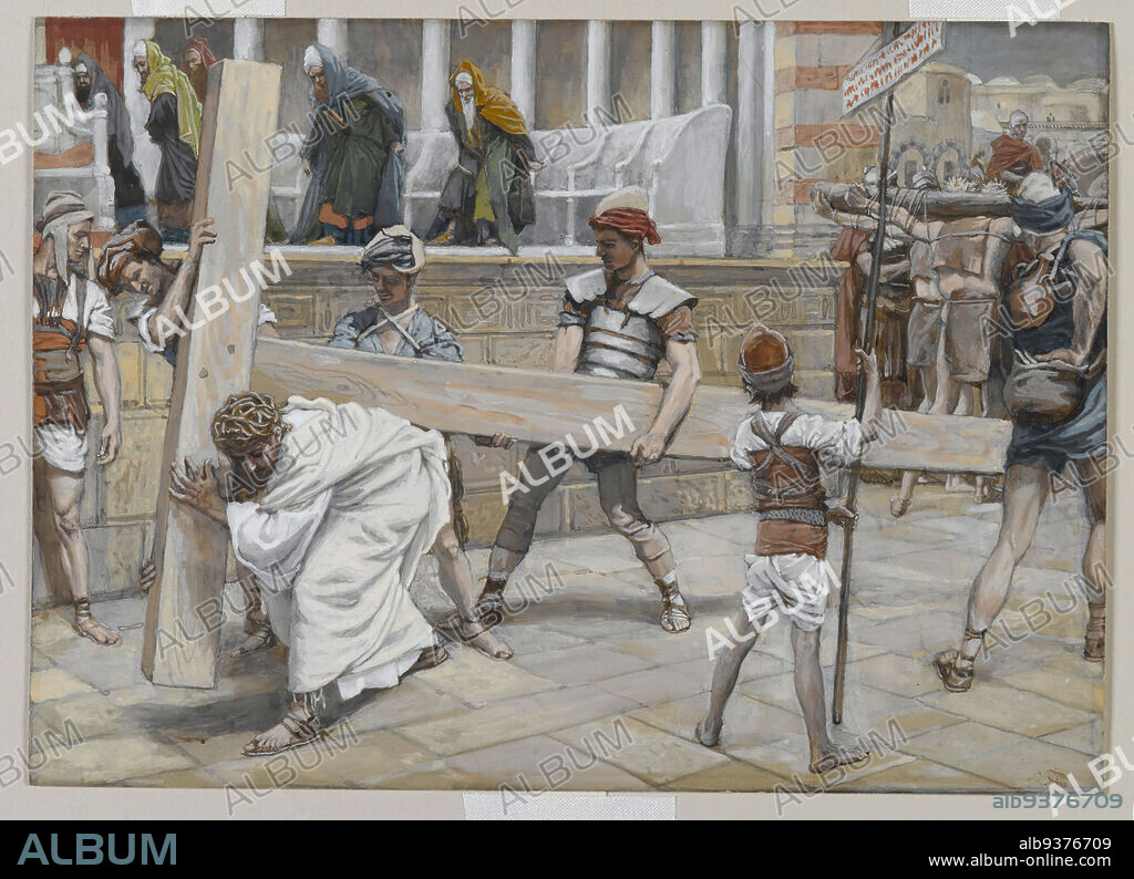 Jesus Bearing the Cross, Jésus chargé de la Croix, The Life of Our Lord Jesus Christ, La Vie de Notre-Seigneur Jésus-Christ, James Tissot, French, 1836-1902, Opaque watercolor over graphite on gray wove paper, France, 1886-1894, Image: 6 7/8 x 9 9/16 in., 17.5 x 24.3 cm, anxiety, bear, brick, carry, carrying, Christ, Christianity, croix, cross, crown, crucifix, crucifixion, cruelty, emotion, french, intensity, james tissot, Jerusalem, Jesus, John 19:17, labor, men, messiah, opaque, painting, Passion, people, Religious, robe, robes, Romans, sign, station, subscription, Tissot, walk, wall, washing line, watercolor.
