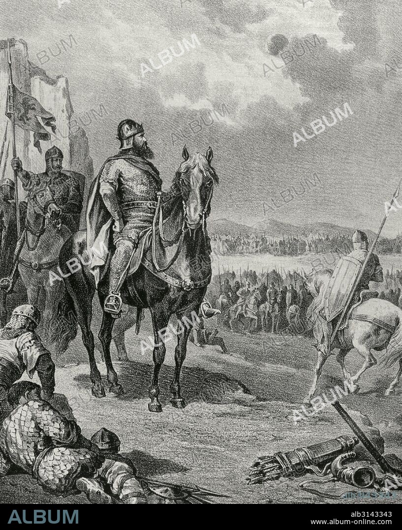 "BATALLA DE ALHANDEGA" (939). RAMIRO II consiguió sobre ABD AL RAHMAN III la victoria de Simancas, que consolidó la frontera leonesa y favoreció los inicios de la repoblación en la ribera del Tormes. Grabado por Serra. "Historia de España ilustrada", por Rafael del Castillo, año 1871.