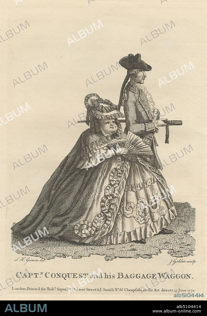 Captain Conquest and His Baggage Wagon, Print made by John Goldar, 17291795, British, after Samuel Hieronymus Grimm, 17331794, Swiss, Published by Robert Sayer, 17251794, British, Published by James Sayer, 17481823, British, Published by John Smith of Cheapside, active ca. 17501789, British, 1772, Line engraving and etching on moderately thick, moderately textured, cream laid paper, Sheet: 11 1/16 x 8 1/8 inches (28.1 x 20.7 cm), Plate: 8 x 5 7/16 inches (20.3 x 13.8 cm), and Image: 5 11/16 x 5 1/16 inches (14.5 x 12.8 cm), caricature, coat, costume, cravat, embroidery, flounces, genre subject, gown, humor, man, mole, obesity, queue wig, satire, staff, tricorne, walking, woman.