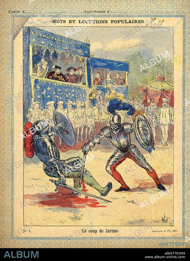 'Le coup de Jarnac'. Illustration anonyme pour un protege-cahier vers 1905, serie intitulee 'Mots et locutions populaires'. Credit : Collection IM/KHARBINE-TAPABOR.