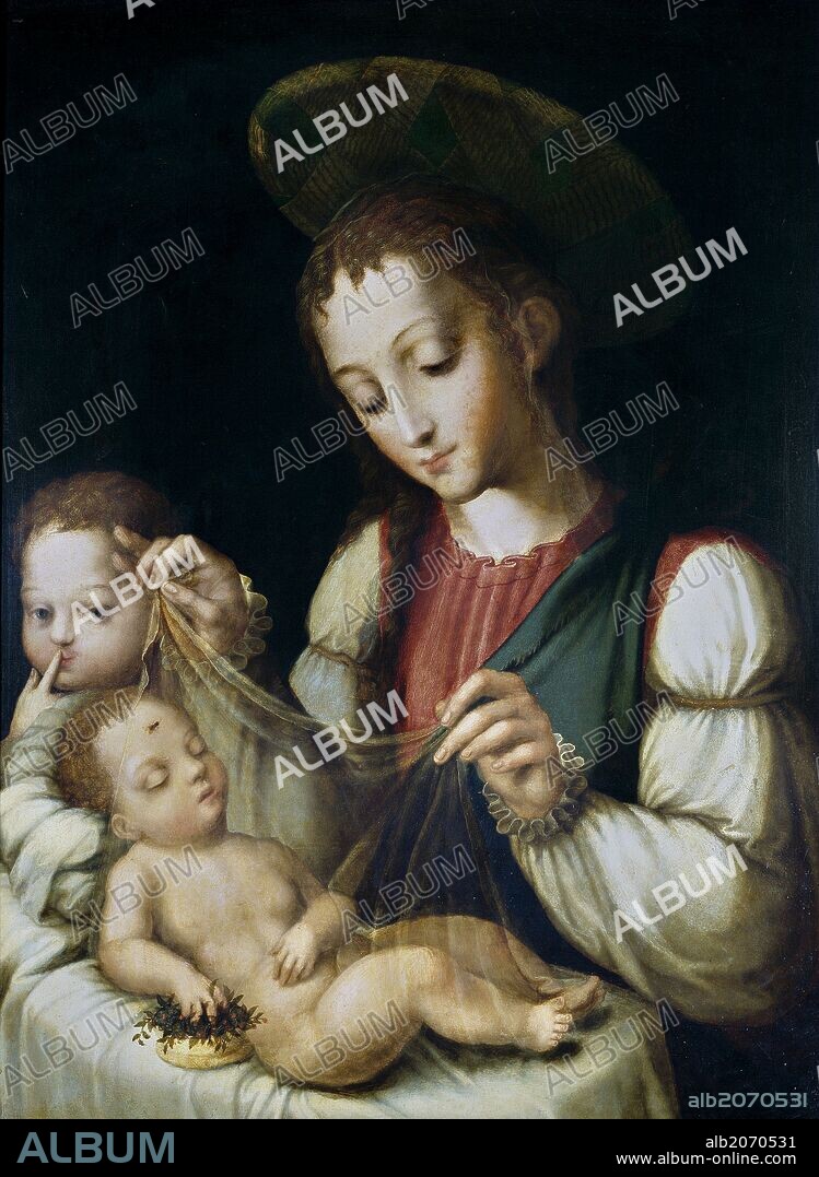 Luis de Morales / 'La Virgen con el Niño y San Juanito', Hacia 1570, Escuela Española, Óleo sobre Tabla, 70 cm x 57 cm, P03147.
