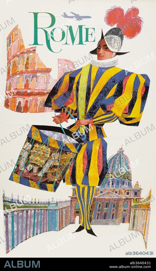 During the heyday of airline travel of the 1950's and 1960's, a series of travel posters were issued to entice travelers to exotic destinations. This is one a series of posters from a now defunct airline. This gorgeous travel poster was meant to entice travelers to take a flight out to Rome to see historic sights, such as the Colosseum and the Spanish Guard, from the Vatican. Art by David Klein., David Klein, 1960.