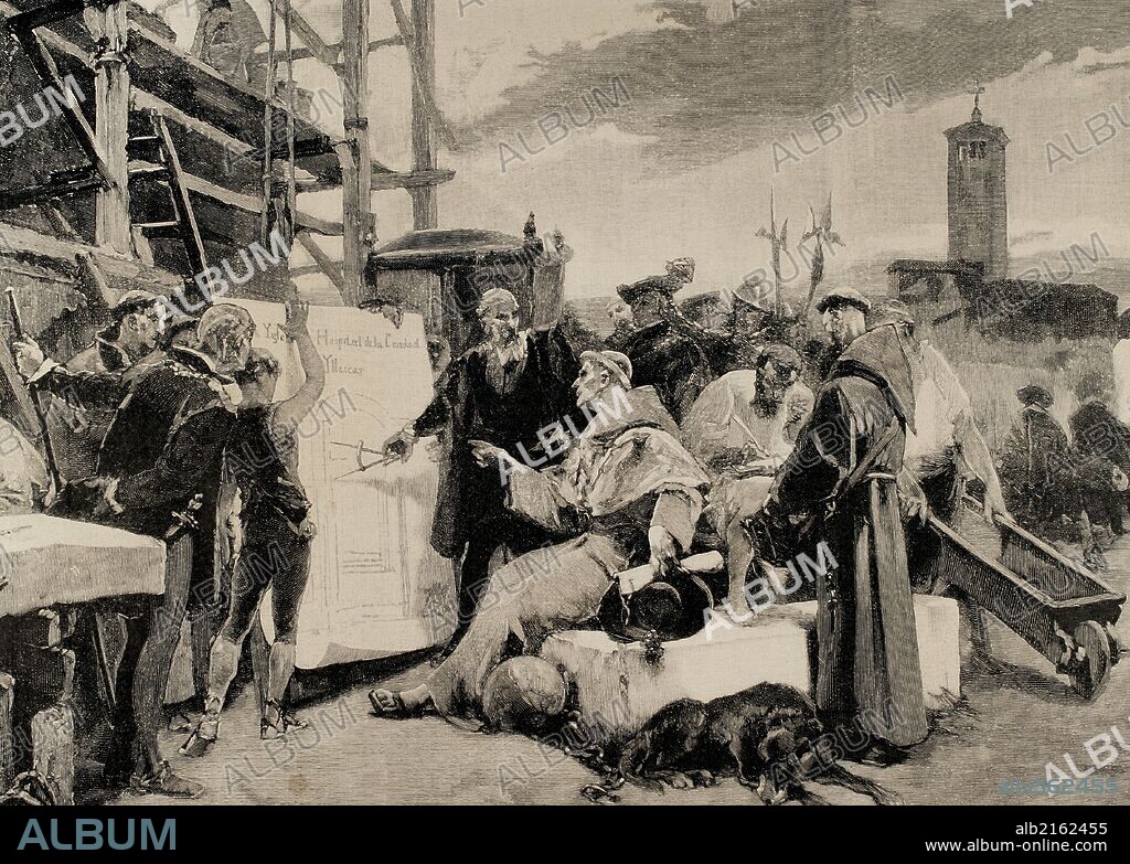 Francisco Jimenez of Cisneros (1436-1517). Spanish cardinal and statesman. Cisneros (sitting) visits the construction of the Hospital of the Charity. Sanctuary of the Charity of Illescas (Toledo). Engravin by Rico. La Ilustracion Espanola y Americana, 1889.