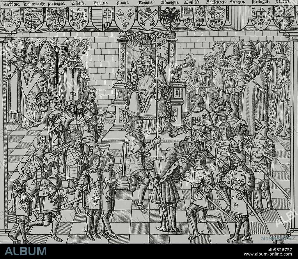 Pope Urban II (1042-1099) preaching at the Council of Clermont. It was convoked in November 1095 and triggered the First Crusade by declaring holy war (bellum sacrum) against the Muslims to liberate the Holy Land. Facsimile of an engraving from "Grand Voyage de Hierusalem", printed in Paris in 1522. "Vie Militaire et Religieuse au Moyen Age et à l'Epoque de la Renaissance". Paris, 1877.