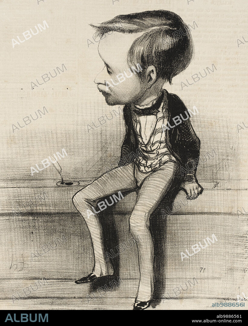 HONORÉ DAUMIER. Estancelin, 1849. Le jeune Estancelin a été vivement peiné que le gouvernement n'ait pas fait précéder les vacances parlementaires d'une distribution de prix ainsi que tout le monde s'y attendait. Le jeune Estancelin avait la certitude d'obtenir le prix de croissance. Du reste cet élève est remuant, taquin et tapageur, nous engageons vivement sa famille à lui faire des remontrances à ce sujet. Ce n'est pas tout que d'être grand, il faut encore ne pas se rendre insupportable en société. (Young Estancelin was greatly saddened that the government did not precede the parliamentary recess with a distribution of prizes as everyone expected. Young Estancelin was certain of obtaining the growth prize. Moreover, this student is fidgety, mischievous and boisterous, we strongly urge his family to remonstrate with him on this subject. It's not just about being big, you also have to not make yourself unbearable in society). Series: Series: Les Représentans Représentés (Representatives Represented); Periodical: Le Charivari, 25 August 1849.