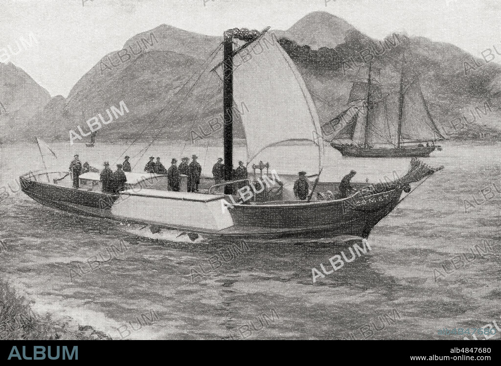 The first passenger paddle steamer, Henry Bell's P S Comet, on the Clyde in 1812.  She carried passengers between Glasgow, Greenock and Helensburgh.  From The Book of Ships, published c.1920.