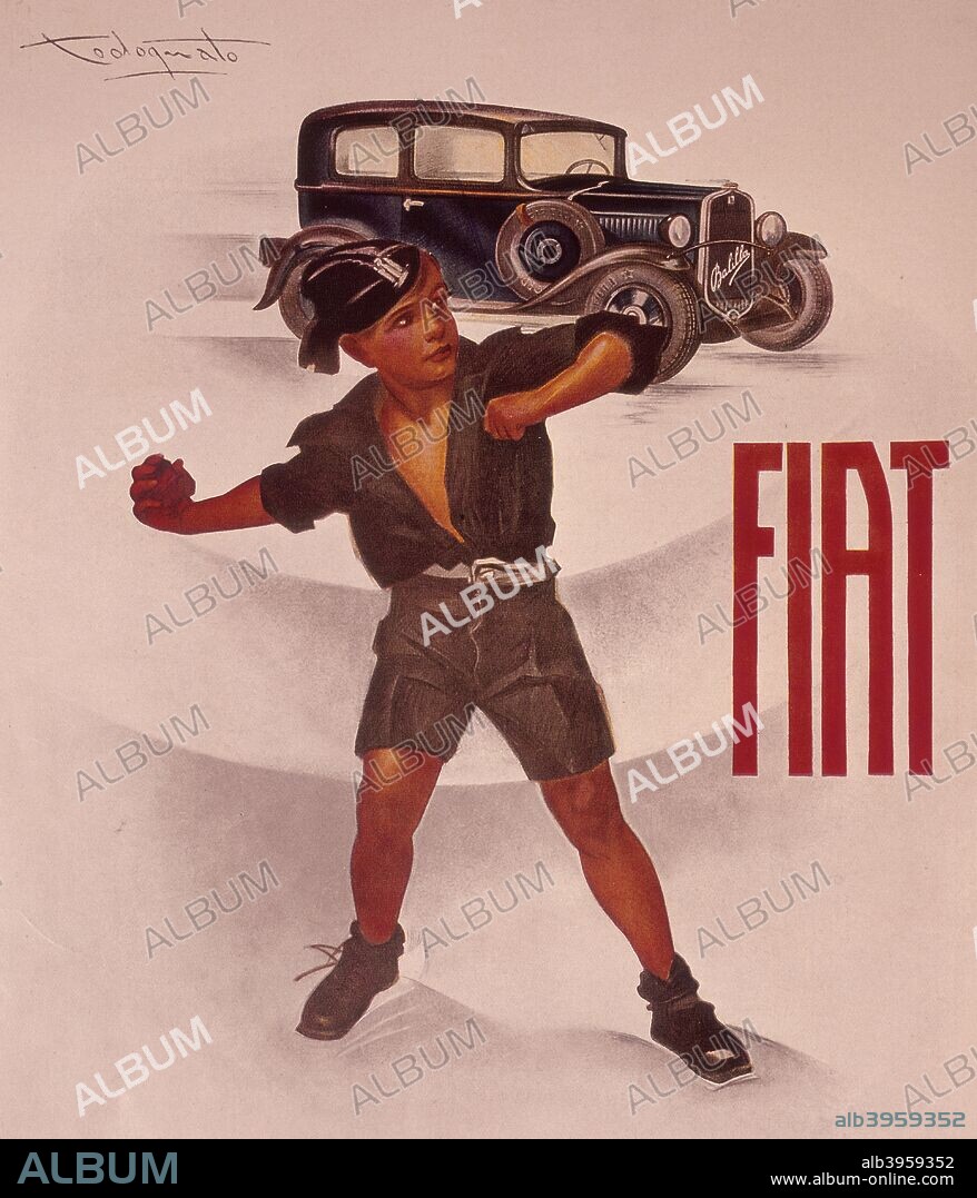 Poster advertising Fiat Balilla cars, (c1930s?). Fiat Balilla; a boy in uniform prepares to throw something. The Fiat 508, also known as the Balilla, was launched at the 1932 Milan Motor Show and became the most popular model the company had created to date. It had notably low fuel consumption (8 litres per 100 km).