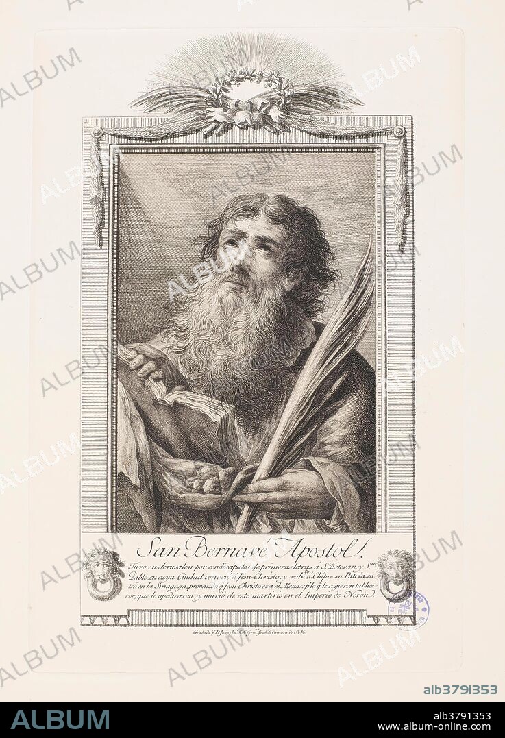 JUAN ANTONIO SALVADOR CARMONA y CALCOGRAFIA NACIONAL. Juan Antonio Salvador Carmona (Grabador); Calcografía Nacional (Estampador) / 'San Bernabé'. 1789 - 1795. Aguafuerte, Buril sobre papel continuo, 500 x 350 mm.
