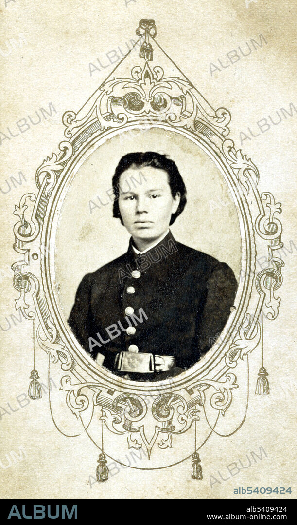 Editorial use only . Frances Hook (1847-1908), American cross-dressing Union soldier. When her brother enlisted she disguised herself as a man and went with him. She was 14 years old. Their regiment fought at the Battle of Shiloh where her brother was killed. Under a new alias she enlisted in the 33rd Illinois Infantry regiment. She was wounded in the shoulder at the Battle of Fredericktown. While being treated at the regimental hospital the doctor discovered her sex, she was discharged from the army and told to go home. She ignored orders and enlisted in the 90th Infantry, and saw combat at Holly Springs, Coldwater, the Siege of Vicksburg, the Siege of Jackson, and Missionary Ridge. In 1863 she was captured, imprisoned, attempted an escape, but was shot in the thigh. While being treated another doctor discovered her true sex. Hook was moved to a separate room and put on a list of prisoners to be exchanged on February 17, 1864. T.J Merritt's National Portrait Gallery, 1861-65.