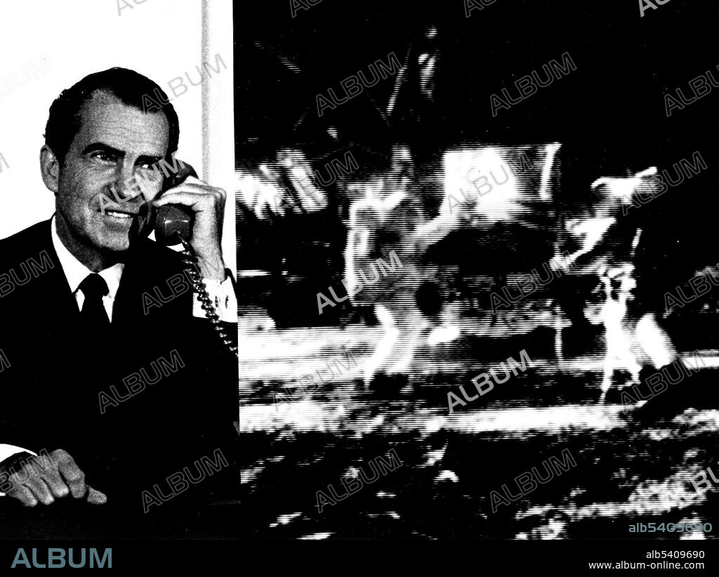 Composite photo of President Richard M. Nixon as he telephoned Tranquility Base and astronauts Neil Armstrong and Edwin Aldrin. The President: For one priceless moment in the history of man, all of the people on this Earth are truly one, one in their pride in what you have done and one in our prayers that you will return safely to Earth. Astronaut Armstrong: Thank You, Mr. President. It is a great honor and privilege for us to be here representing not only the United States, but men of peaceable nations, men with an interest and curiosity, and men with a vision for the future. It is an honor for us to be able to participate here today.