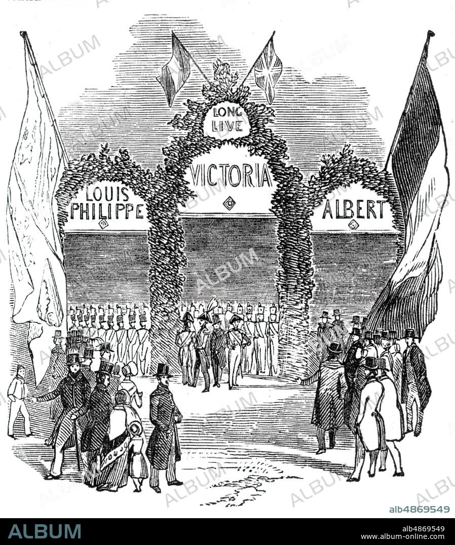 STEPHEN SLY. Arch at the Railway Station, Gosport, 1844. Visit of the French king Louis Philippe to Britain. Floral arch in honour of Louis Philippe, Queen Victoria and Prince Albert. From "Illustrated London News", 1844, Vol I.