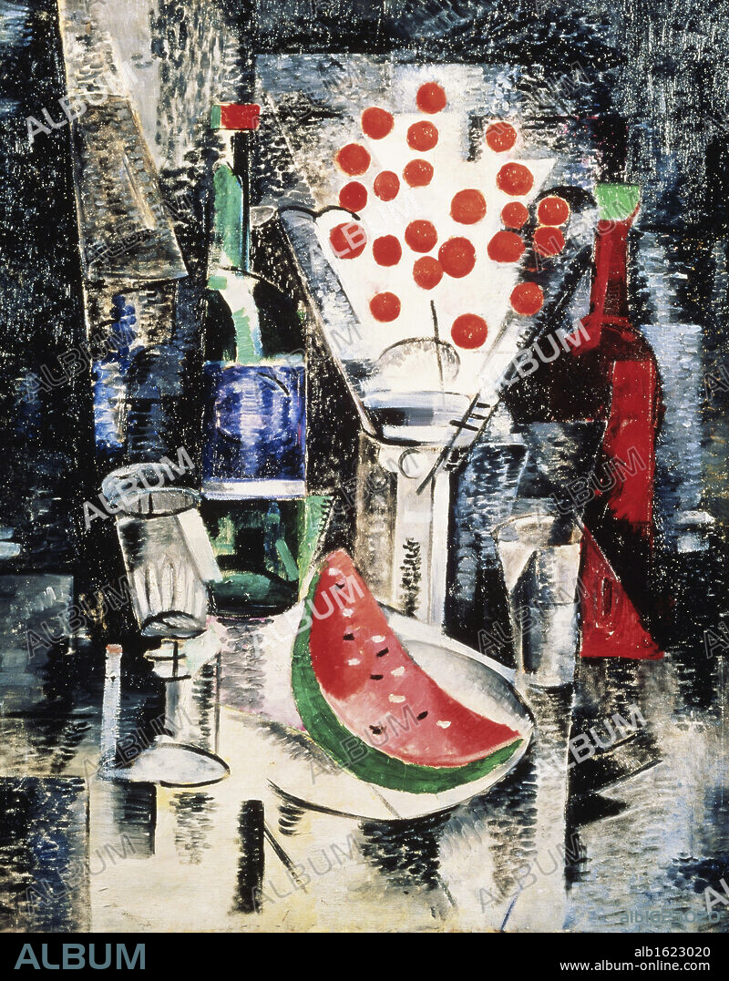 Still Life with Vase and Bottles by Alexandra Exter, oil on canvas, 1914, 1882-1949, Russia, Rostov, Museum.