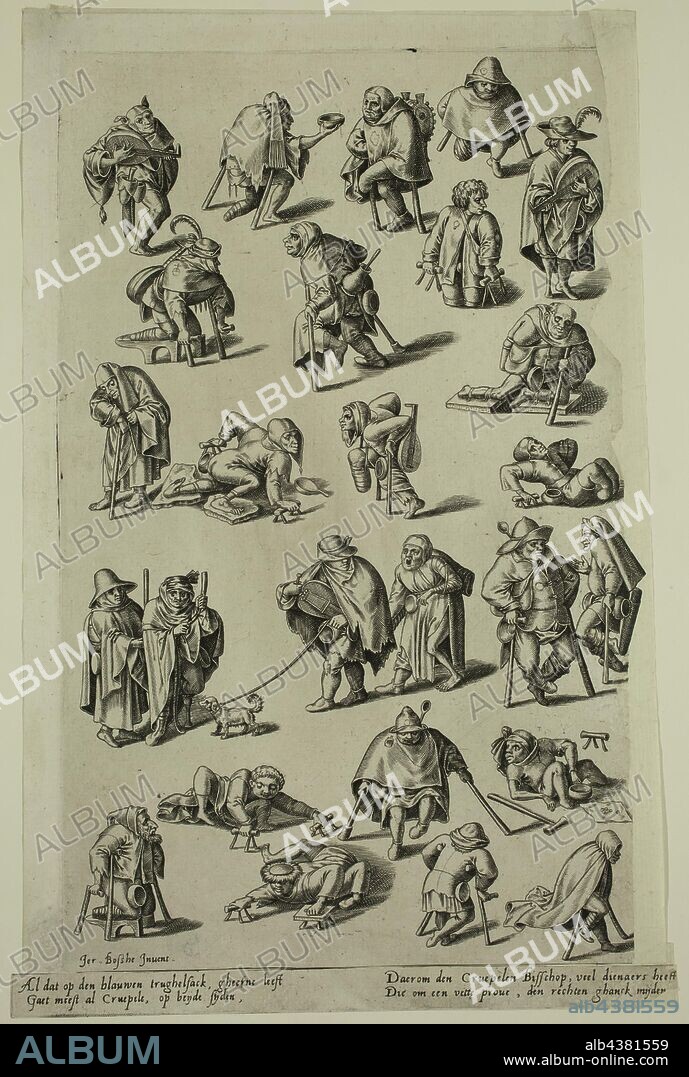 Unknown (Flemish), after Hieronymus Bosch, Netherlandish, 1470-1516, Cripples, Fools, Musicians, and Beggars on Crutches or Wooden Legs, between late 15th and early 16th century, engraving printed in black ink on laid paper, Sheet: 12 3/8 × 8 1/4 inches (31.4 × 21 cm).
