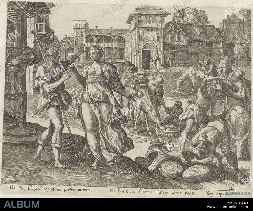 Abigail, the wife of Nabal, has donkeys loaded with loaves of bread and jugs of wine. She will bring the food to David. Abigail is speaking to one of her servants, who is a shepherd. Below the image a reference in Latin to the Bible text in 1 Sam. 25, Abigail gathers food History of David and Abigail Thesaurus sacrarum historiarum veteris testamenti , Maerten de Vos, print maker: anonymous, publisher: Gerard de Jode, Antwerp, 1585, paper, engraving, h 198 mm × w 256 mm.