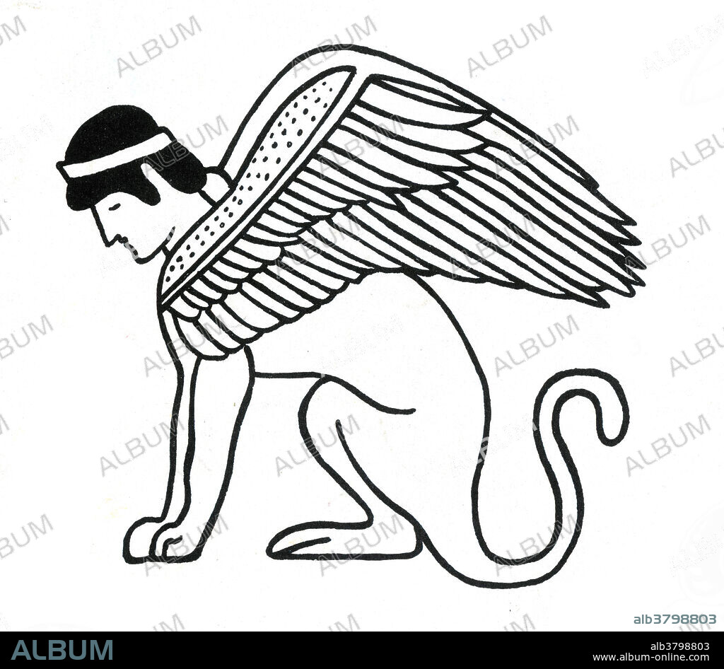 Ancient Greece, Sphinx from cup. No date. A sphinx is a mythical creature with, as a minimum, the body of a lion and a human head. In Greek mythology, a sphinx is represented as a monster with a head of a woman, the body of a lioness, the wings of an eagle, and a serpent-headed tail. She was treacherous and merciless. Those who could not answer her riddle were killed and eaten by this ravenous monster. The Egyptian sphinx is typically shown as a man, benevolent and thought of as a guardian often flanking the entrances to temples.