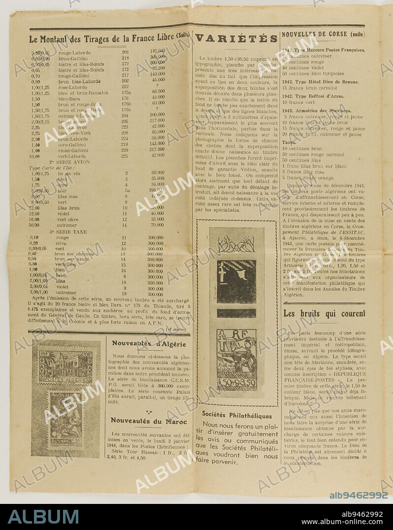 Bulletin bimensuel La cote philatélique N° 3 - 2e année - du 20 janvier 1944, Imprimerie Imbert, Imprimeur, Office d'Editions et de Publicité (Alger), Editeur, 20-1-1944, 1ère moitié du 20e siècle, Musée de la Libération de Paris - musée du Général Leclerc - musée Jean Moulin, Manuscripts, printed matter, bookbinding, Printed matter, Periodical, Paper, Ink, Algiers, Height: 32.2 cm, Width: 25 cm.