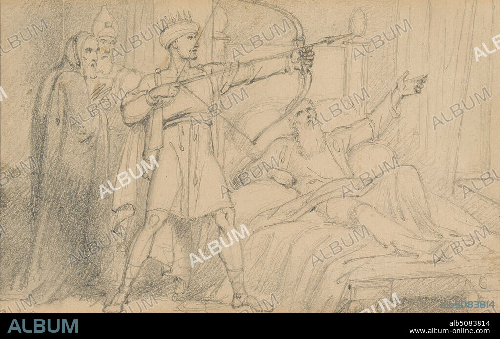 Elisha on His Death-Bed (II Kings 12:17), Richard Westall, 17651836, British, before 1835, Graphite on medium, smooth, cream wove paper, Sheet: 3 1/4 x 5 1/4 inches (8.3 x 13.3 cm) and Contemporary drawn border: 5 1/8 x 7 1/8 inches (13 x 18.1 cm), archery, arrow, bed, bedroom, bow (weapon), cape, crown, curtains, death, Elisha tells Joash to shoot an arrow through the window towards Syria and predicts that Joash will be victorious, gesture, illness, illustration, king (person), Old Testament, priest, prophet, religious and mythological subject, robe, sash, window.