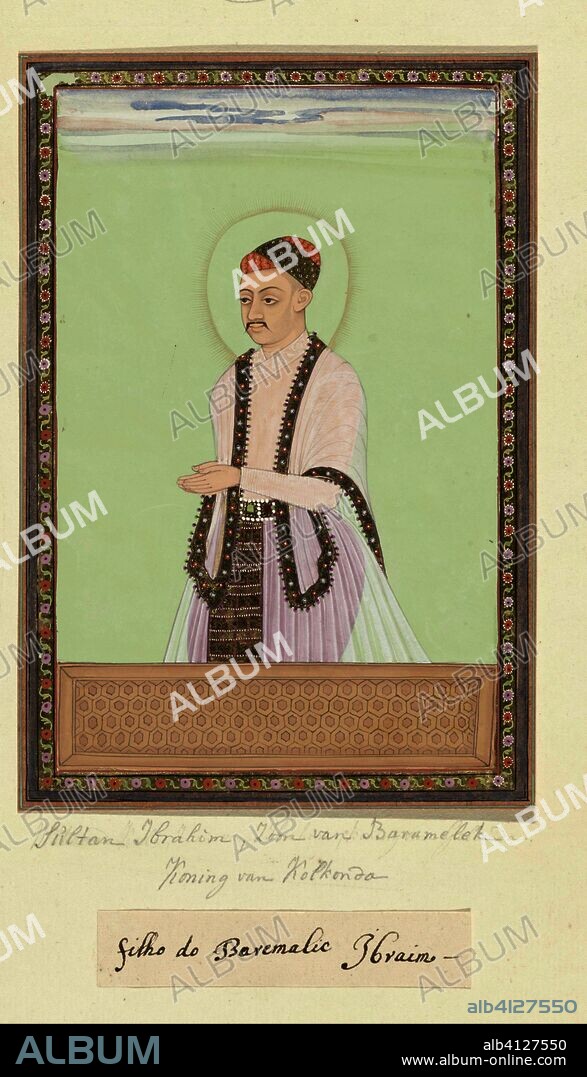 Portrait of Sultan Ibrahim, son of Bara Malik, reigned over Golconda after his father. Draughtsman: anonymous. Dating: c. 1686. Place: Golkonda. Measurements: h 203 mm × w 140 mm.