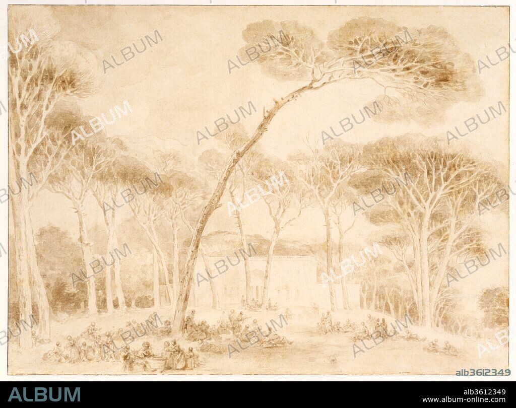 JEAN-HONORÉ FRAGONARD. Imaginary View of a Roman Villa. Artist: Jean Honoré Fragonard (French, Grasse 1732-1806 Paris). Dimensions: 11 5/16 x 15 3/8 in.  (28.8 x 39 cm). Date: mid-1770s.
One nineteenth-century writer described this Roman villa as the Villa Borghese; another later identified it as the Villa Doria Pamphili. We now know that the stately residence and its garden were drawn from imagination in Fragonard's Italian studio. The drawing dates from the artist's second trip to Italy in 1773-74 when he was generally more preoccupied with the mood of his subject than the rendering of actual appearance. Magnificent parasol pines populate the landscape. Fragonard's fascination with the elegance and complexity of pine branches is evidenced by the delicate tracery of their extensive under drawing.