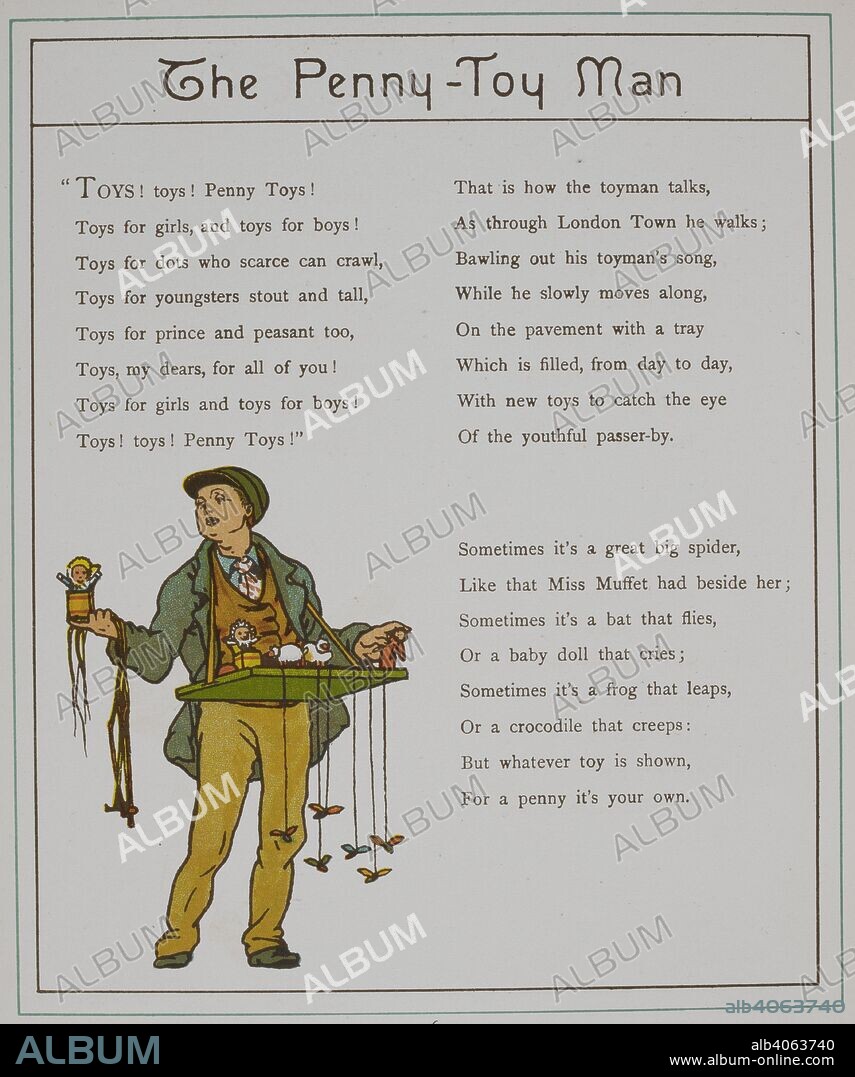 THOMAS CRANE. The penny-toy man. A seller of toys. Illustration from 'London town'. London town. Marcus Ward & Co.: London, 1883. Image taken from : London Town. Verses by Felix Leigh. Source: 12805.s.9, page 16.
