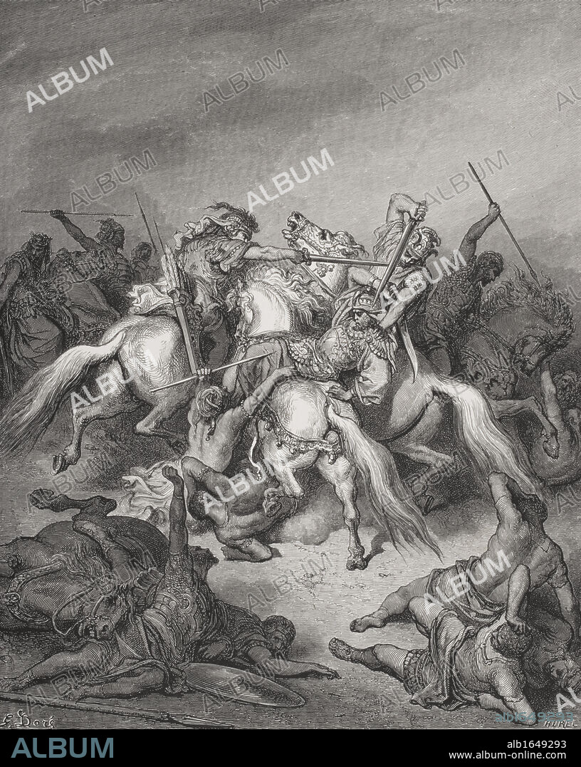 Engraving from the The Dore Bible illustrating 2 Samuel xxi 16 and 17 Abishai Saves the Life of David by Gustave Dore 1832-1883 French artist and illustrator.