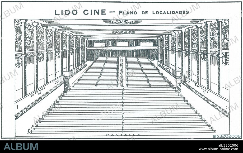 Barcelona. Plano de las localidades del Cine Lido, inaugurado en 1921. Dibujo de 1930.