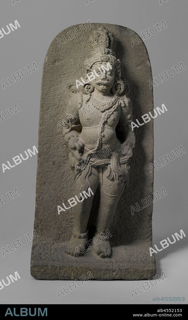 Mahakala, Statue of Mahakala, doorkeeper of Shiva Temple., anonymous, Midden-Java, c. 800 - c. 900, andesite, h 75 cm × w 37.5 cm × d 21 cm × w 64 kg w 38 cm × d 21 cm.