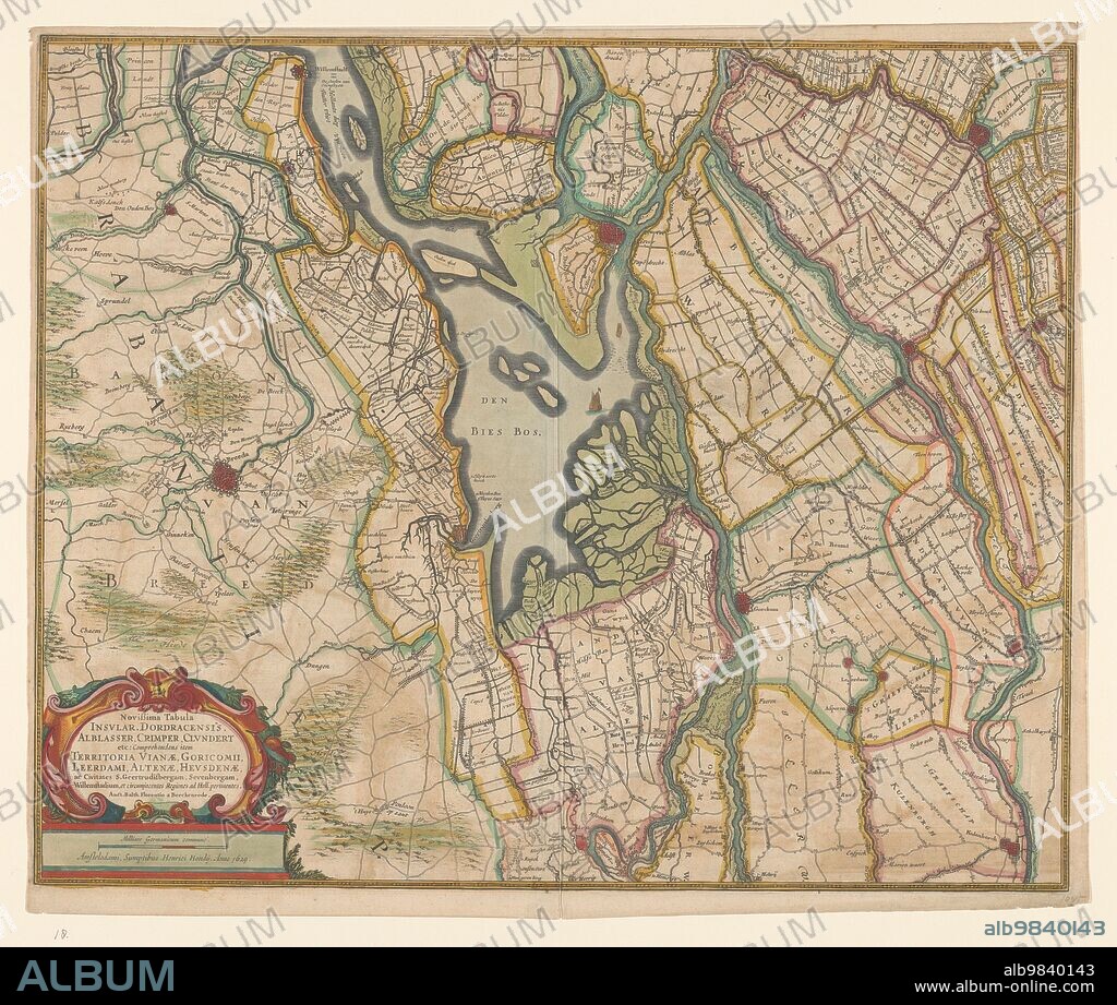BALTHASAR FLORISZ. VAN BERCKENRODE. Map of parts of North Brabant, South Holland and Gelderland, 1629. The surroundings of the Bies Bos, sailing ship. Bottom left a cartouche with the title with the scale in German miles (1: 100,000).